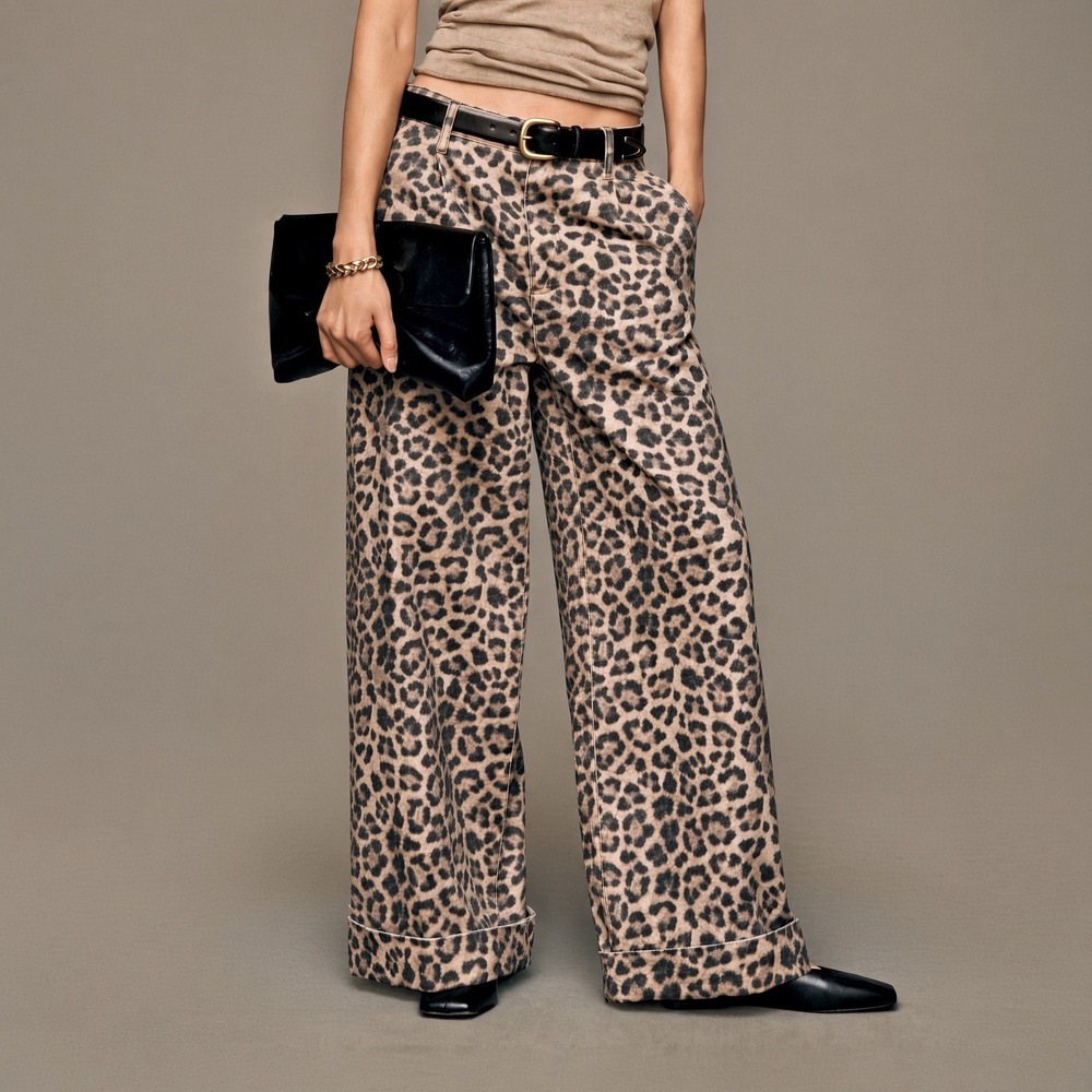 Pilcro Leon Double Hem Jeans 28 Leopard Print Wide Leg High Rise Cuffed Slouchy